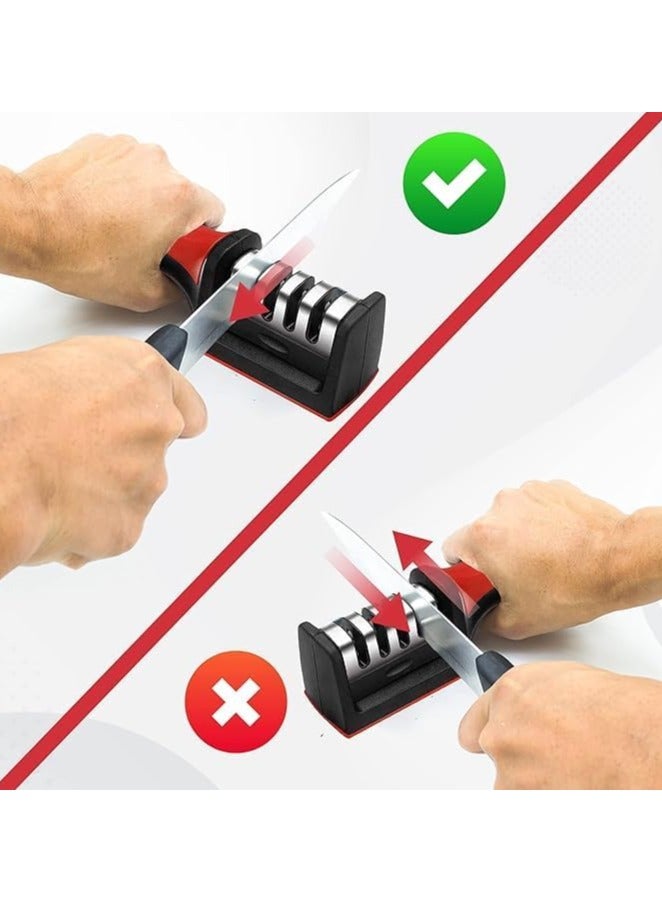 2Pcs 3 in 1 Knife Sharpener with Easy-Grip Handle and Non-Slip Rubber Base, 3-Stage Sharpening Tool forAll Types of Ceramic Knives and Steel Knives - Image 4