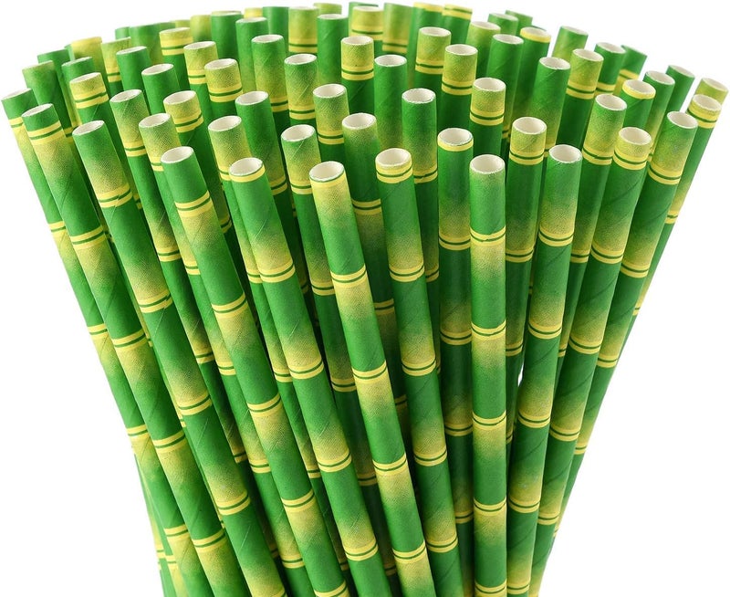 ALINK Bamboo Print Paper Straws, Biodegradable Disposable Party Drinking Straws for Juices, Shakes and Smoothies, Pack of 100 - Image 1