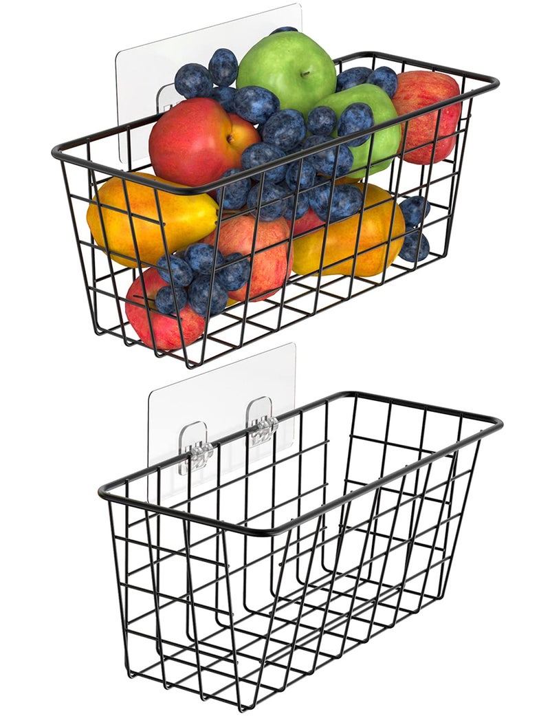 Hanging Kitchen Baskets For Storage Adhesive Small Wire Storage Baskets No Drilling Wall Mounted Shelf with Kitchen Food Pantry Bathroom Shelf Storage 2 PACK Black