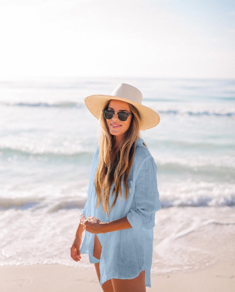 Zoye Chen Women’s Bikini Swimsuit Cover Up Button Down V Neck Shirts Long Sleeve Blouse Beachwear Bathing Suit (Sky Blue, Large) - Image 3