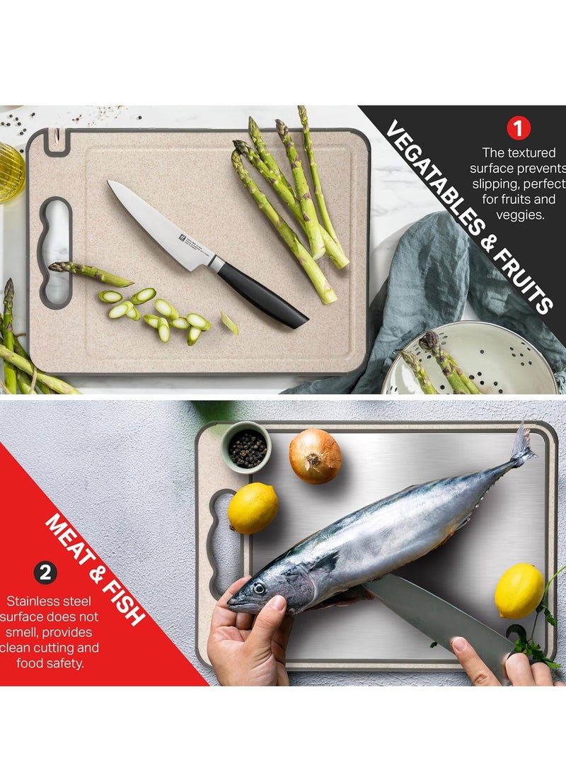 AMROAH Large Cutting Board Double Sided with a Built-in Knife Sharpener Wheat Straw & Stainless Steel 304, Big Non-Slip Kitchen Chopping Board with Handless for Meat Bread Cheese Vegetable Chiken BBQ  - Image 3