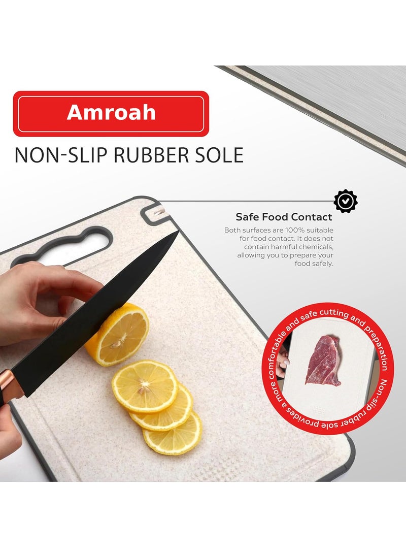 AMROAH Large Cutting Board Double Sided with a Built-in Knife Sharpener Wheat Straw & Stainless Steel 304, Big Non-Slip Kitchen Chopping Board with Handless for Meat Bread Cheese Vegetable Chiken BBQ  - Image 5