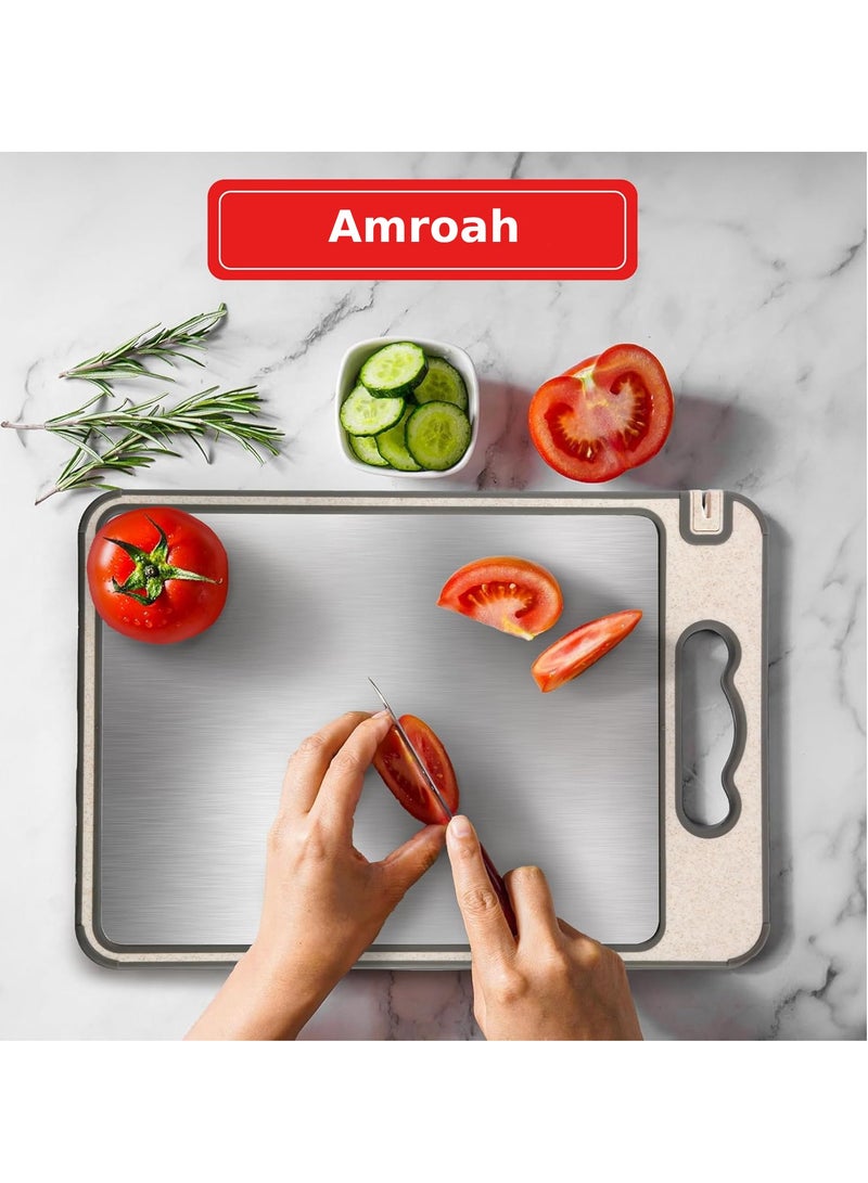 AMROAH Large Cutting Board Double Sided with a Built-in Knife Sharpener Wheat Straw & Stainless Steel 304, Big Non-Slip Kitchen Chopping Board with Handless for Meat Bread Cheese Vegetable Chiken BBQ  - Image 2
