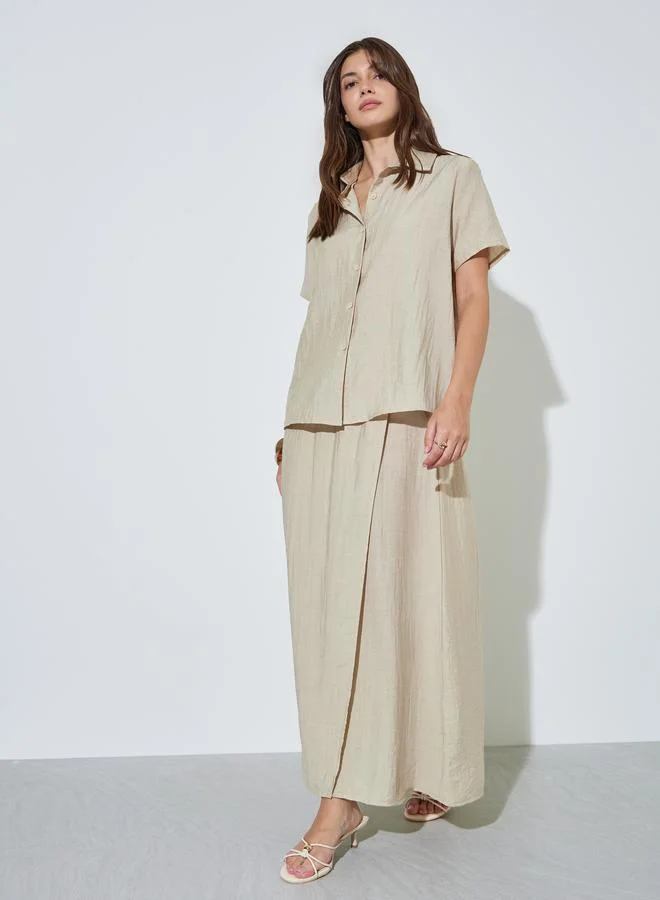 Styli Khaki Relaxed Fit Short Sleeve Shirt and Maxi Skirt Set