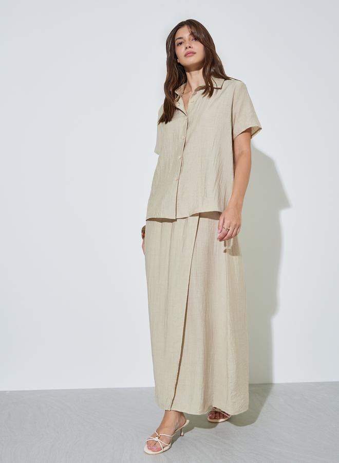 Styli Khaki Relaxed Fit Short Sleeve Shirt and Maxi Skirt Set - Image 1