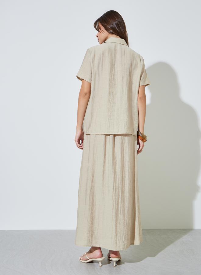 Styli Khaki Relaxed Fit Short Sleeve Shirt and Maxi Skirt Set - Image 3