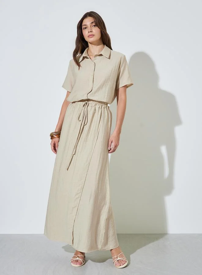 Styli Khaki Relaxed Fit Short Sleeve Shirt and Maxi Skirt Set