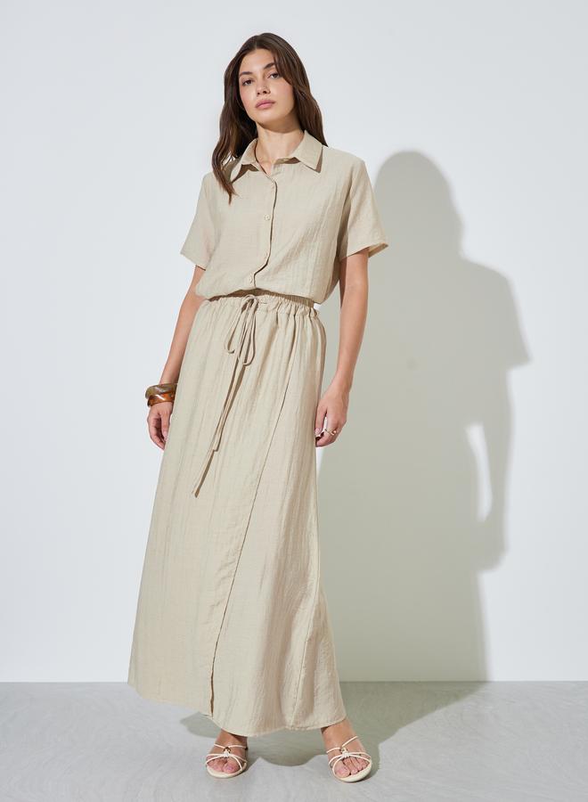 Styli Khaki Relaxed Fit Short Sleeve Shirt and Maxi Skirt Set - Image 2