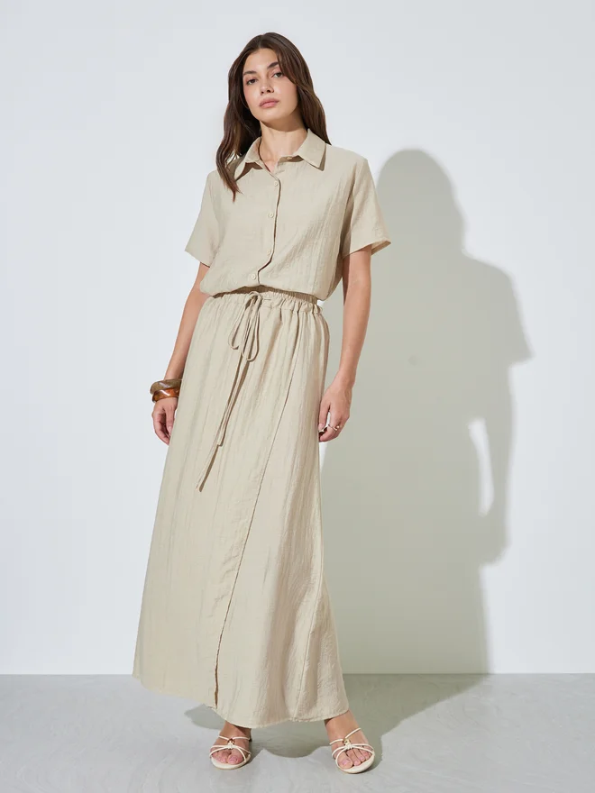 Styli Styli Khaki Relaxed Fit Short Sleeve Shirt and Maxi Skirt Set
