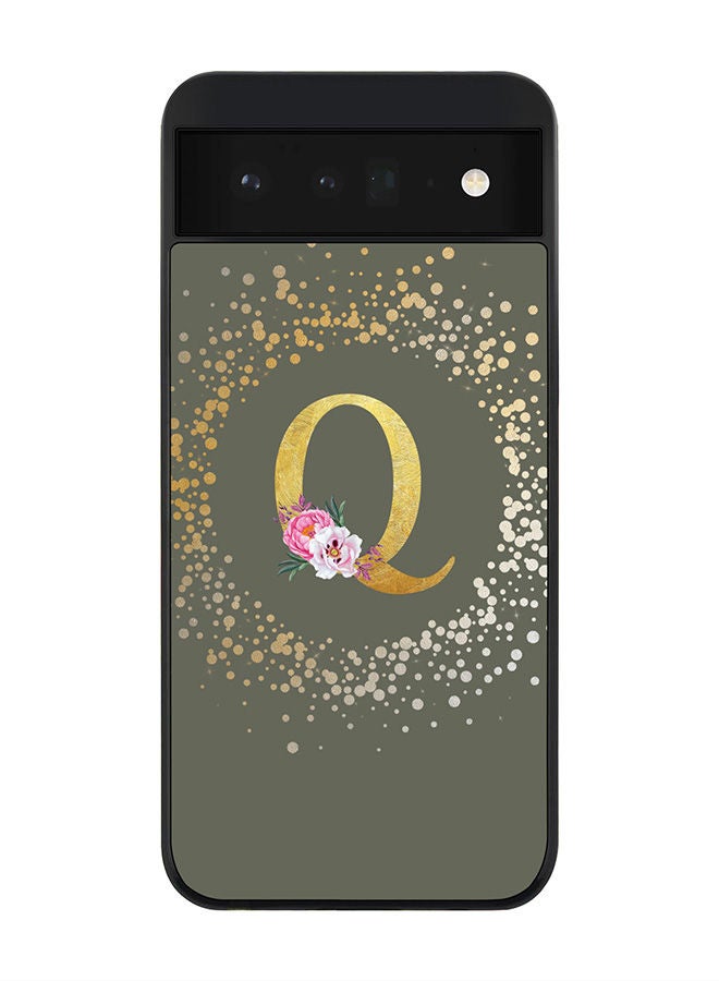 Stylizedd Rugged Black edge case for Google Pixel 6 5G Slim fit Soft Case Flexible Rubber Edges Anti Drop TPU Gel Thin Cover - Custom Monogram Initial Letter Floral Pattern Alphabet - Q (Olive Green ) - Image 1