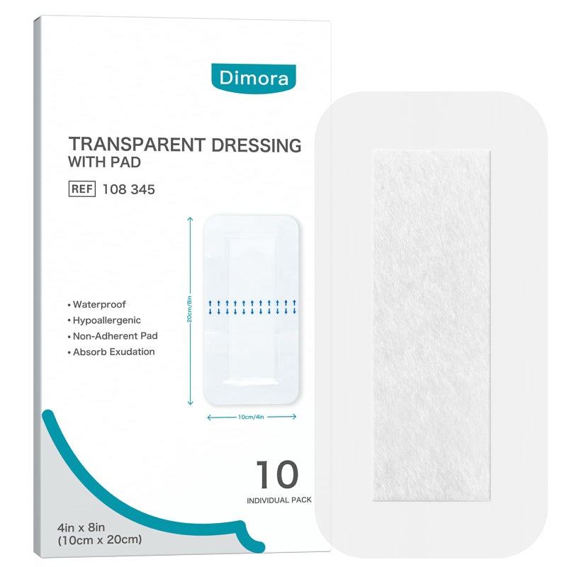Dimora Waterproof Transparent Film Dressing with Pad, Large Clear Bandage Tape for Wound Care, Adhesive Post Surgical Cover Padï¼Œfor IV Shield, Tattoo Aftercare, Shower Protector 4x8 inch 10 Packs - Image 1