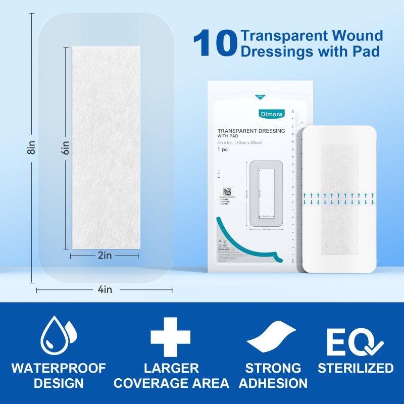 Dimora Waterproof Transparent Film Dressing with Pad, Large Clear Bandage Tape for Wound Care, Adhesive Post Surgical Cover Padï¼Œfor IV Shield, Tattoo Aftercare, Shower Protector 4x8 inch 10 Packs - Image 2