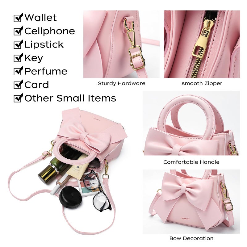 Cheruty Small Purses for Women Crossbody Bag, Vegan Leather Crossbody Purses and Handbags with Top Carry Handle and Cute Bow Knot(Pink) - Image 4