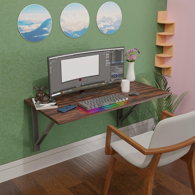 Compal Wall Mounted Table Wall Mount Table Folding Shelf Folding Wall Mounted Plywood Study Table Office Table Work Table Foldable Laptop Table Modern Brown 24X32 Inches - Image 1