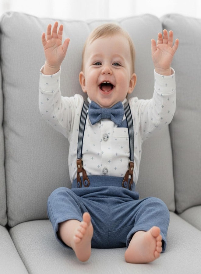 Volunboy Infant Boy Wedding Guest Outfit Newborn Romper Dress Clothes Gentleman Suspender Bowtie Photoshoot Pants Set Toddler Formal Ring Bearer (Deepblue, 6-9 Months) - Image 3