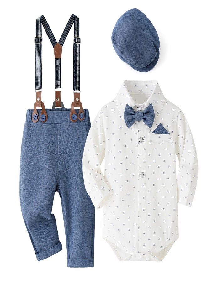 Volunboy Infant Boy Wedding Guest Outfit Newborn Romper Dress Clothes Gentleman Suspender Bowtie Photoshoot Pants Set Toddler Formal Ring Bearer (Deepblue, 6-9 Months) - Image 1