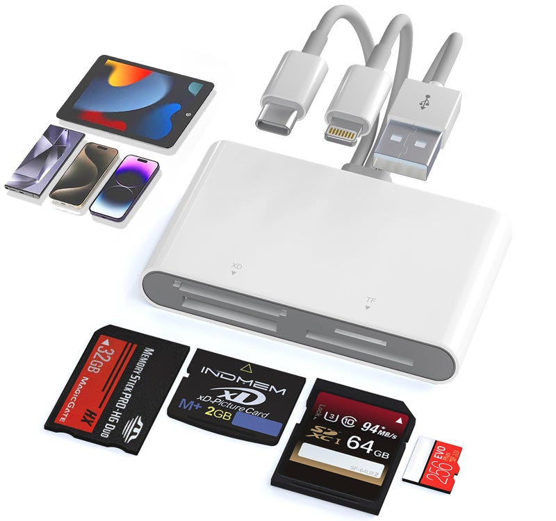 Ardaddyn Memory Stick Pro Duo Adapter - 4 in 1 SD/TF/MS/XD Card Reader Digital Camera Adapter for Sony Cybershot SD Card, Lightning/USB-C/USB-A XD-Picture-Card Reader for iPhone 16/15/14/iPad/PC/Android/MAC - Image 1