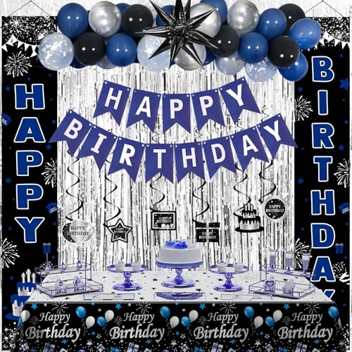 Distasio Blue and Black Birthday Decorations for Men Women Boys Happy Birthday Decorations Banner Balloons Tablecover Fringe Curtain Door Banner Blue Silver Mens Boy Bday Party Decoration Supplies Decor - Image 1