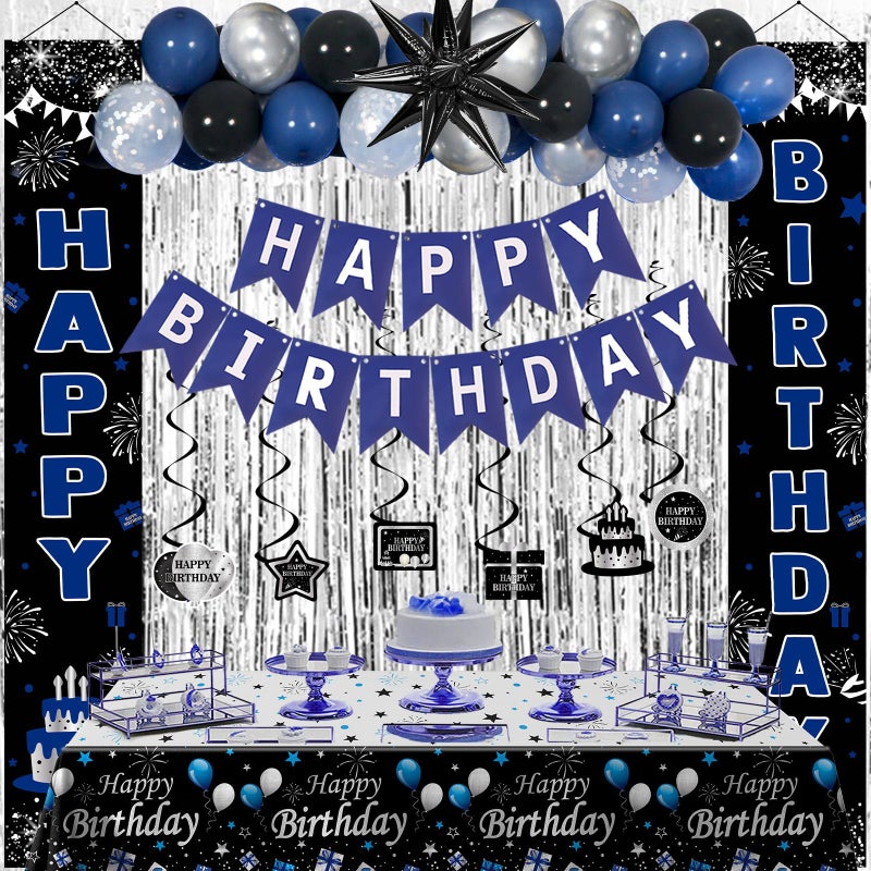 Distasio Blue and Black Birthday Decorations for Men Women Boys Happy Birthday Decorations Banner Balloons Tablecover Fringe Curtain Door Banner Blue Silver Mens Boy Bday Party Decoration Supplies Decor - Image 3