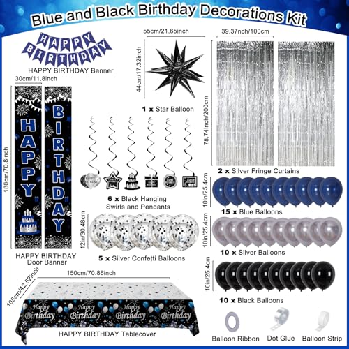 Distasio Blue and Black Birthday Decorations for Men Women Boys Happy Birthday Decorations Banner Balloons Tablecover Fringe Curtain Door Banner Blue Silver Mens Boy Bday Party Decoration Supplies Decor - Image 5