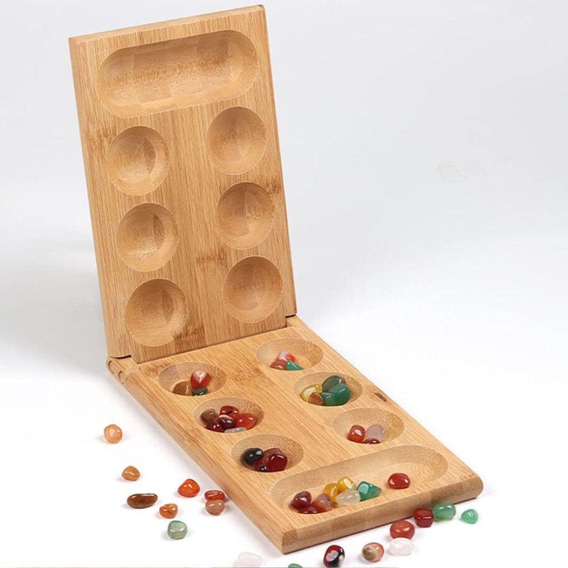 klarako Portable Foldable Wooden Mancala Board Game with 48 Colourful Stones for Kids Travel or Holidays - Image 3