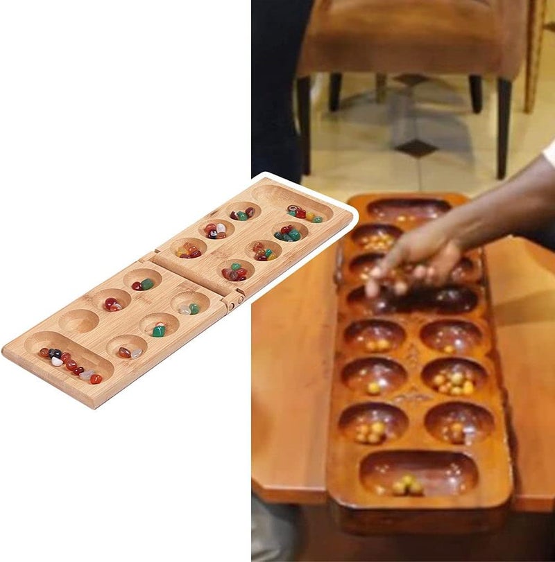 klarako Portable Foldable Wooden Mancala Board Game with 48 Colourful Stones for Kids Travel or Holidays - Image 5
