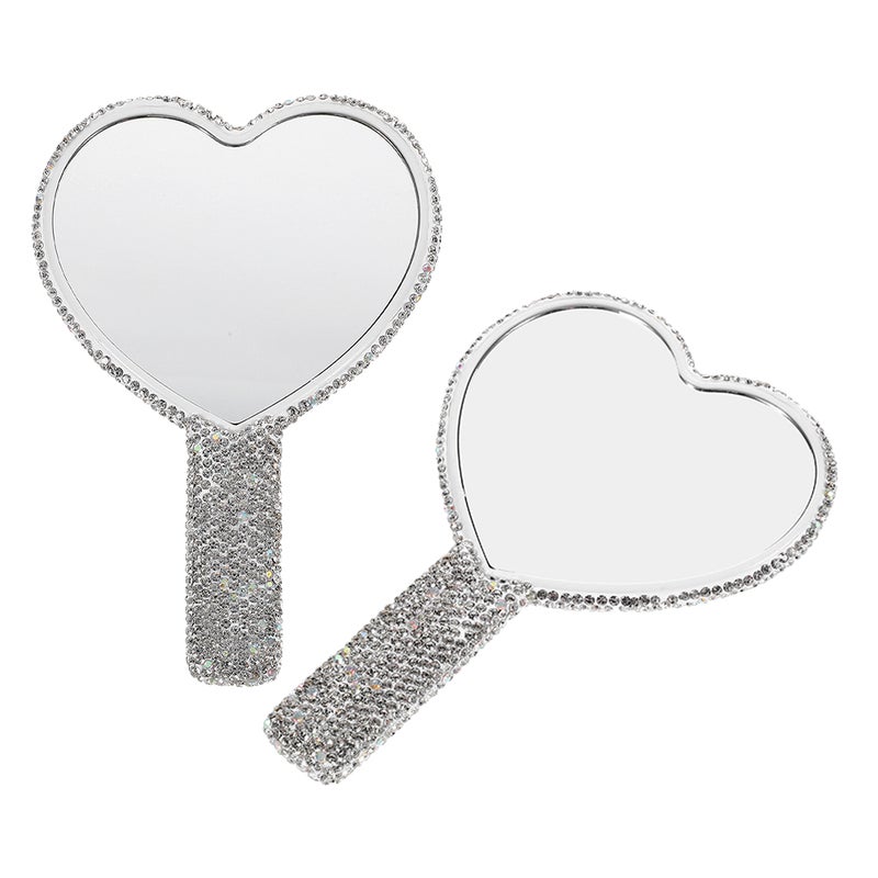 2pcs Portable Travel Makeup Mirror with Handle Heart Shaped Handheld Mirror Rhinestones Cute Compact Mirror for Purse - Image 1