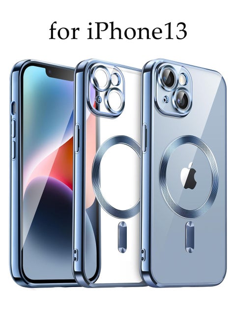 Magnetic Case for IPhone 13 Support Magsafe Wireless Charger Anti Scratch Shockproof Clear Four Corner Cushion Anti Dropping Full Body Protection All Inclusive Lens Protection Cover Blue