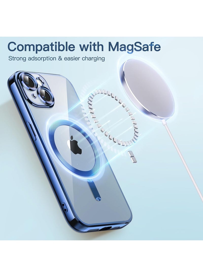 Magnetic Case for IPhone 13 Support Magsafe Wireless Charger Anti Scratch Shockproof Clear Four Corner Cushion Anti Dropping Full Body Protection All Inclusive Lens Protection Cover Blue  - Image 3