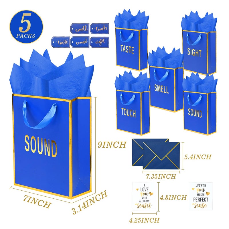 Nimbbex Gold Foil 5 Senses Gift Bags for Him Her with Labels Envelopes and Cards, Sight Smell Touch Taste Sound Gift Bags with Tissue Handle for Birthday, Anniversary, Mother's Day, Valentine's Day 9 x 7 x 3.15 Inch (Blue) - Image 3