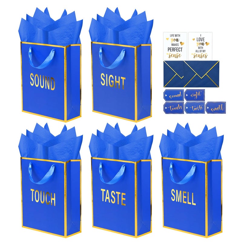 Nimbbex Gold Foil 5 Senses Gift Bags for Him Her with Labels Envelopes and Cards, Sight Smell Touch Taste Sound Gift Bags with Tissue Handle for Birthday, Anniversary, Mother's Day, Valentine's Day 9 x 7 x 3.15 Inch (Blue) - Image 1