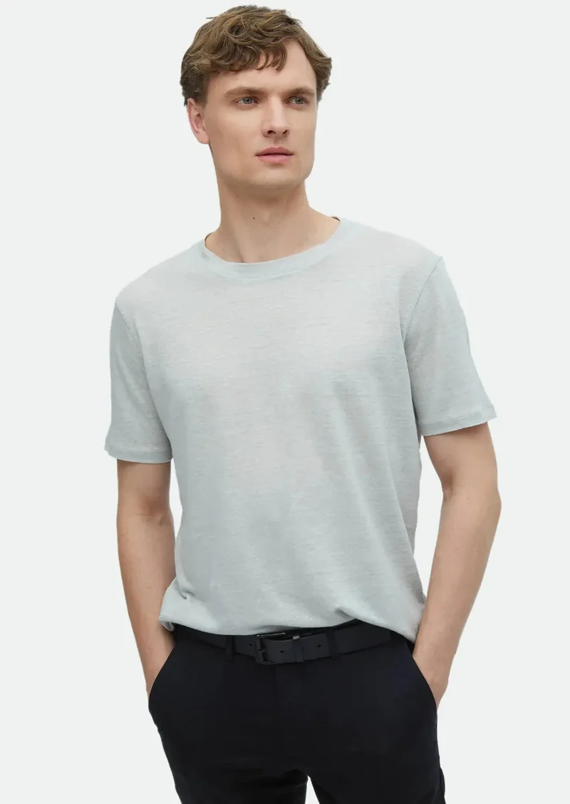 رامسي تيشيرت كتان 100%، رمادي فاتح سادة، بياقة دائرية