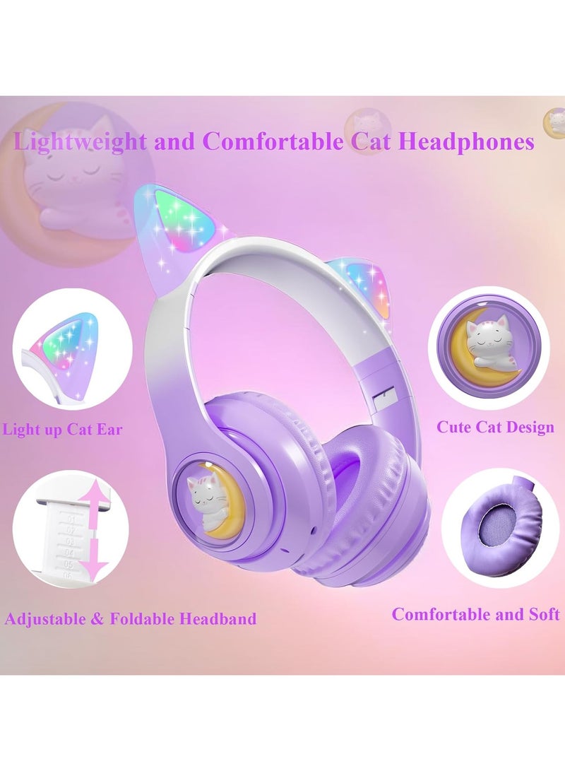 Wireless Kids Headphones with LED Light Up Cat Ears, Colour Changing Over-Ear Bluetooth Headphones with Microphone, Volume Control Foldable Bluetooth Cat Headphones for Kids/Girls/Schools - Image 3