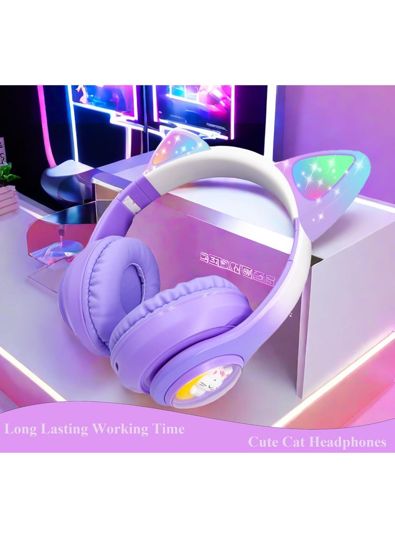 Wireless Kids Headphones with LED Light Up Cat Ears, Colour Changing Over-Ear Bluetooth Headphones with Microphone, Volume Control Foldable Bluetooth Cat Headphones for Kids/Girls/Schools - Image 2