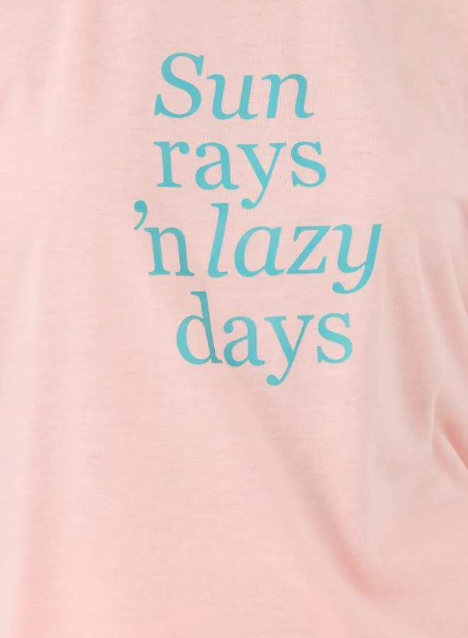 ستايلي Styli Slogan Print Round Neck T-Shirt and Pyjama Set