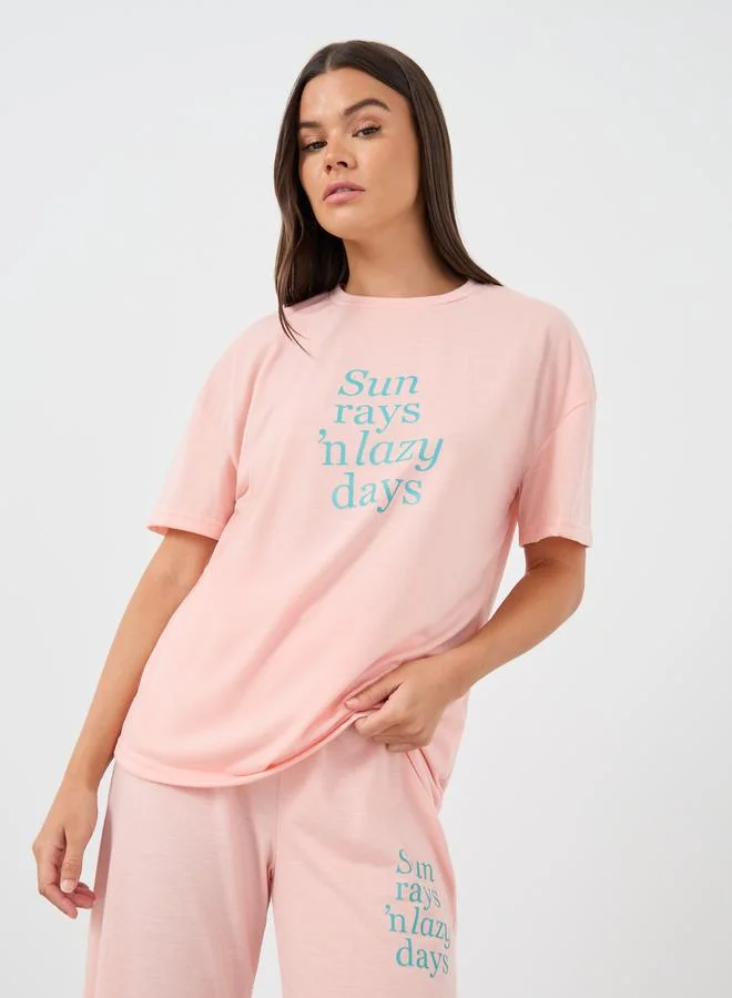 Styli Styli Slogan Print Round Neck T-Shirt and Pyjama Set