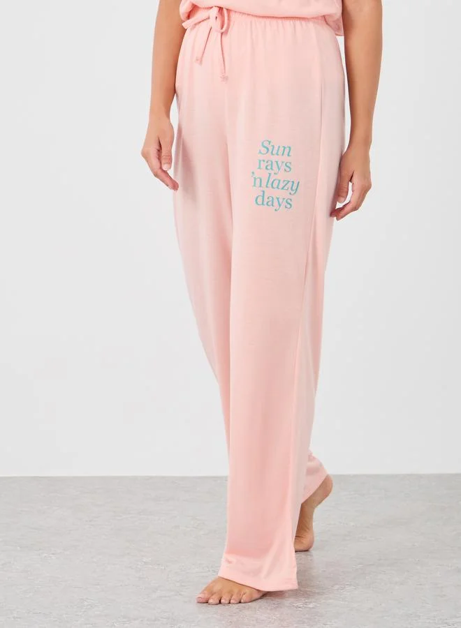 ستايلي Styli Slogan Print Round Neck T-Shirt and Pyjama Set
