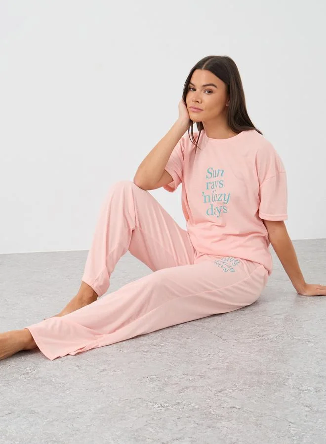 Styli Styli Slogan Print Round Neck T-Shirt and Pyjama Set