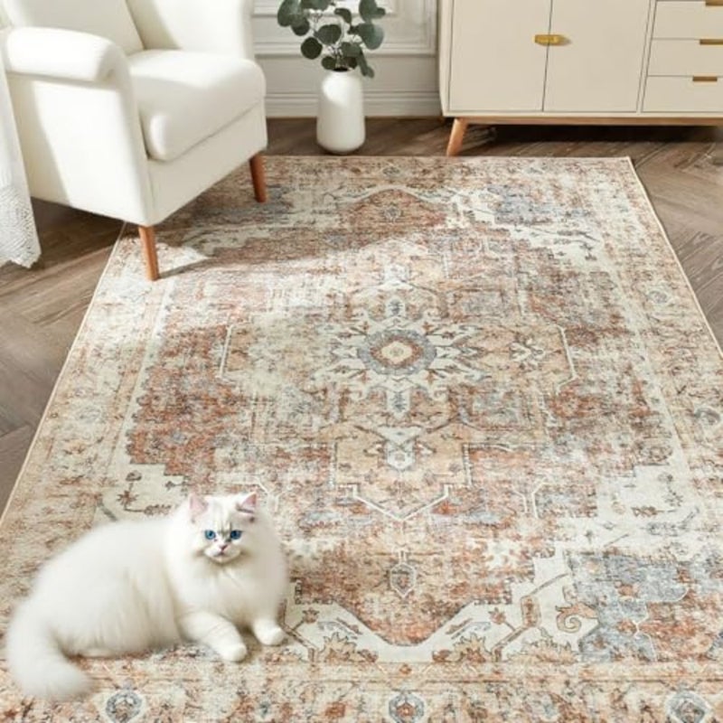 Area Rugs, 122 * 182cm Stain Resistant Washable Rug, Non-Slip Backing Boho Vintage Rugs, Carpet for Living Room Bed Room Dining Room Vintage Orange 4' x 6' - Image 1