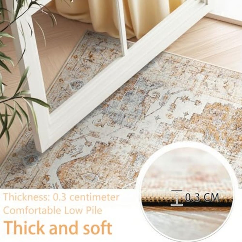 Area Rugs, 122 * 182cm Stain Resistant Washable Rug, Non-Slip Backing Boho Vintage Rugs, Carpet for Living Room Bed Room Dining Room Vintage Orange 4' x 6' - Image 4