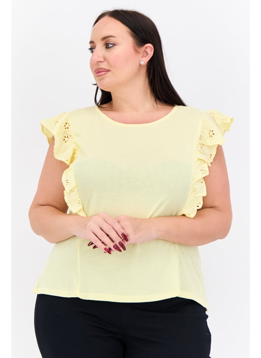 NAUTICA Women Round Neck Ruffle Sleeves Embroidered Blouse, Yellow  - Image 1