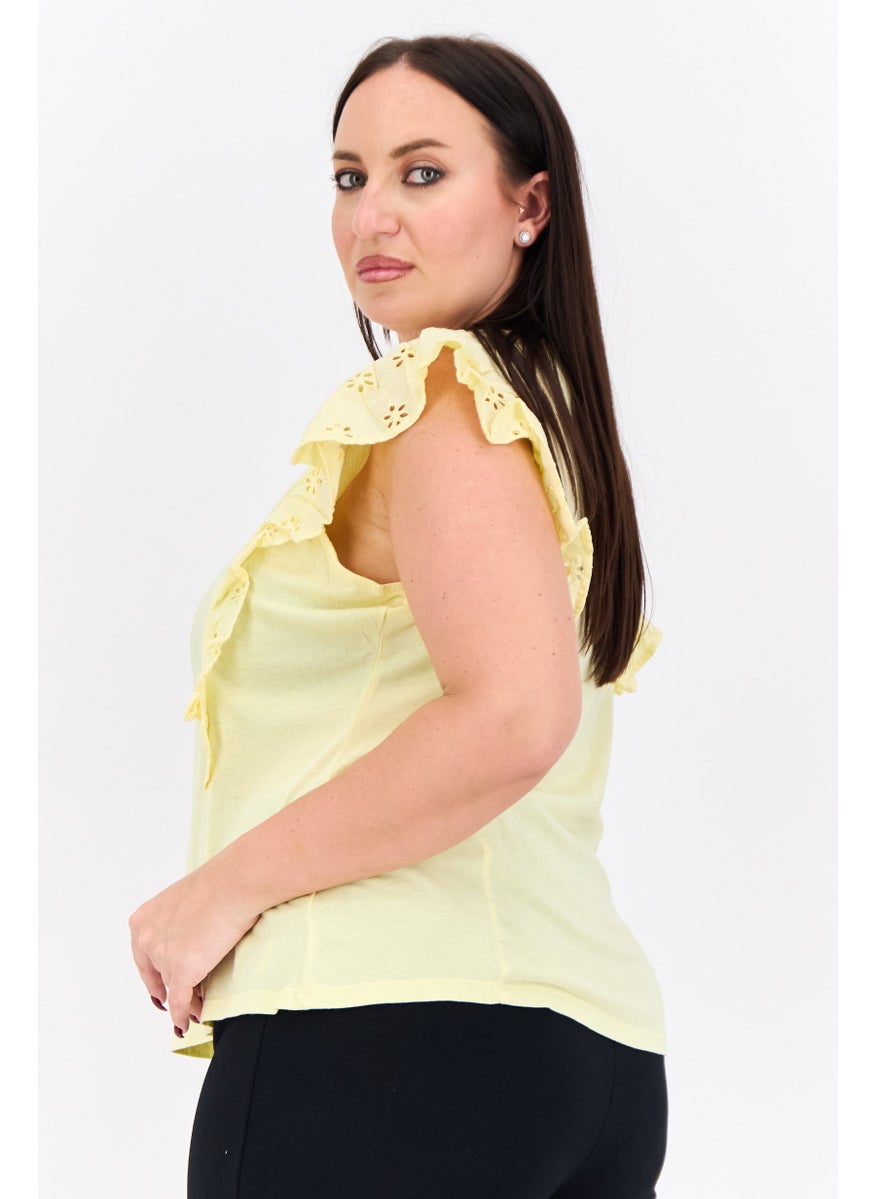 NAUTICA Women Round Neck Ruffle Sleeves Embroidered Blouse, Yellow  - Image 2