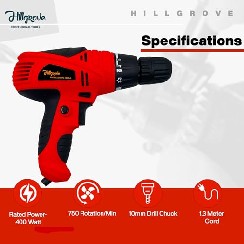 Hillgrove HGCM1188M2 400W Screwdriver Electric Power Drill Machine with 9Pcs Drill Bits Set, 10 Pcs Screws and 10 Pcs Gitti for Making Holes in Metal/Wood/Concrete with Reverse Rotation Pistol Grip - Image 3