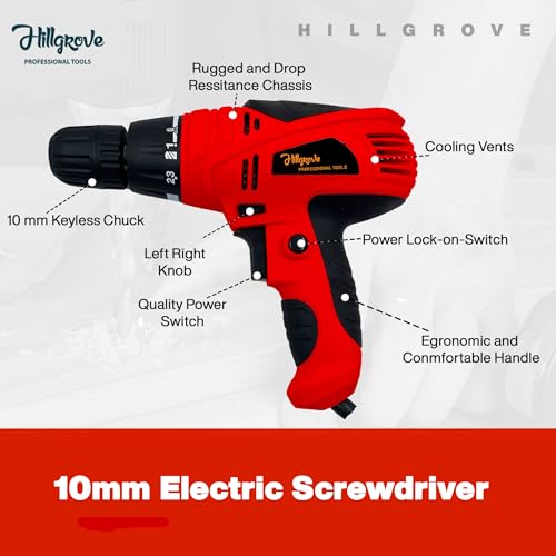 Hillgrove HGCM1188M2 400W Screwdriver Electric Power Drill Machine with 9Pcs Drill Bits Set, 10 Pcs Screws and 10 Pcs Gitti for Making Holes in Metal/Wood/Concrete with Reverse Rotation Pistol Grip - Image 2