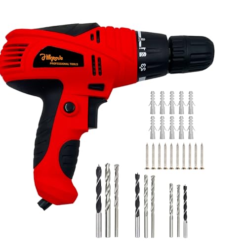 Hillgrove HGCM1188M2 400W Screwdriver Electric Power Drill Machine with 9Pcs Drill Bits Set, 10 Pcs Screws and 10 Pcs Gitti for Making Holes in Metal/Wood/Concrete with Reverse Rotation Pistol Grip - Image 1