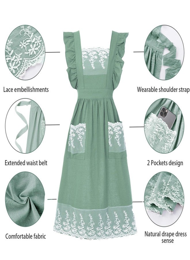 Aoomzoon Vintage Aprons for Women with Pockets Cute Lace Ruffle Adjustable Apron for Cooking Kitchen Baking Gardening, Light Green, M - Image 4