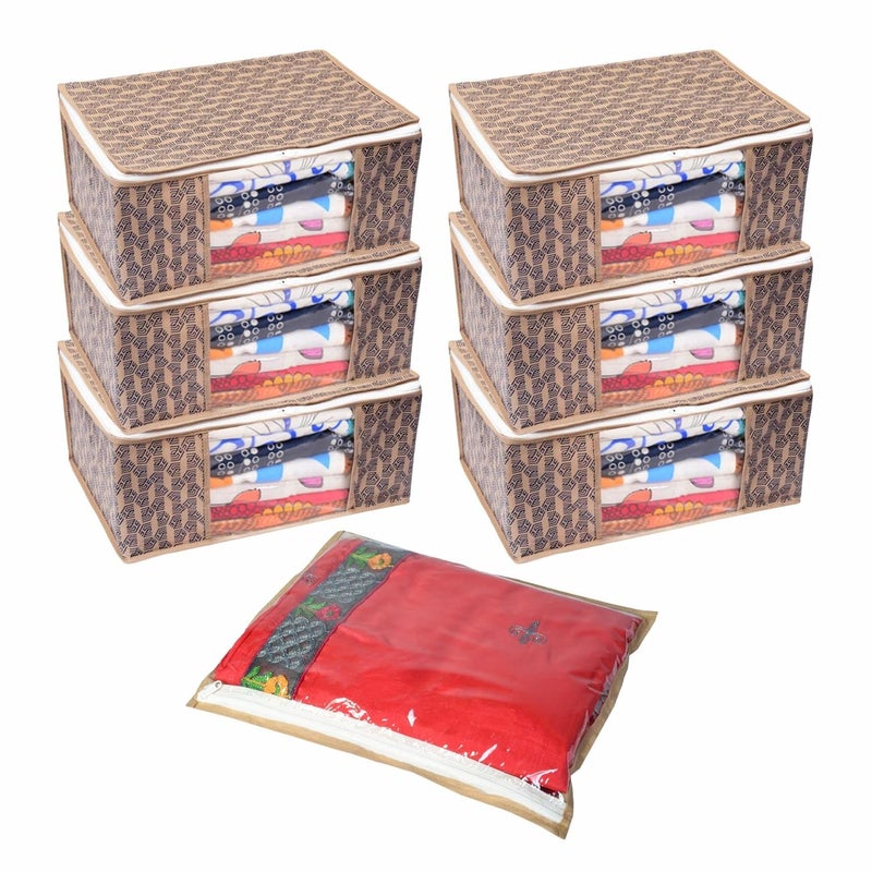 Homestrap Combo of 7 Saree Bag 6 NonWoven Printed Saree Covers Beige 1 Single Saree Wardrobe Organizer Beige For Lehenga Suit Dress AccessoriesShark Tank Product - Image 1