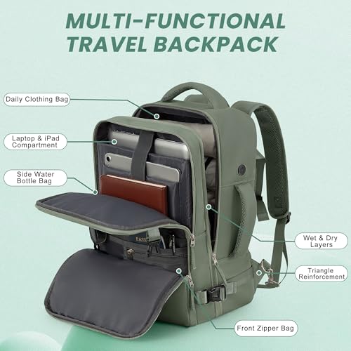 Sinaliy Travel Backpack, Carry on Flight Approved Backpack with Multi-Pockets, TSA Waterproof 17.3inch Laptop Backpack, Personal Item Travel Bag for Men Women, Army Green - Image 4