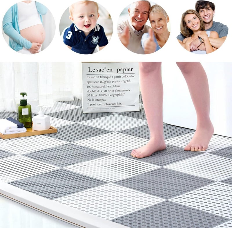 REDMART Interlocking Non-Slip Bathroom Floor Tiles with Drain Holes - Soft PVC Massage Bath Mats for Shower, Pool Deck, Patio & Garage - DIY Splicing Cushion Mat (Grey/White, Pack of [10]) - Image 5