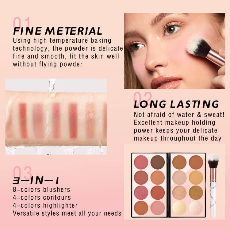 NewBang 16 Colors Blush Contour Highlighter Makeup Palette with Brush, Matte Mineral Face Blush Powder for Cheek, Bright Shimmer Illuminator Bronzer Professional Facial Beauty Makeup Blushes Set - Image 5